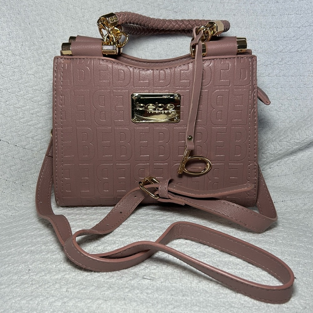 NWOT bebe Signature Pink Rose Brass Accents Crossover Handbag Purse